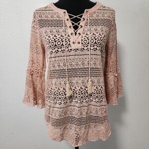 Rain Coral Pink Lace Flare Sleeve Boho Lace Front Blouse